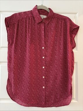LOFT Women's Red Cap-Sleeve Button-Front Blouse with tiny hearts